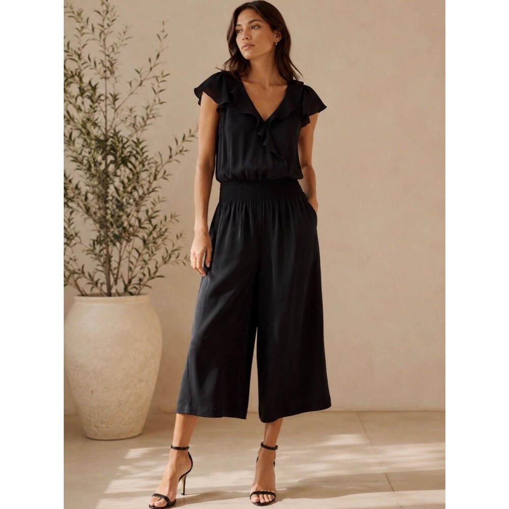 Parker Billie Black Crepe Smocked Wide Leg Jumpsuit Size 8